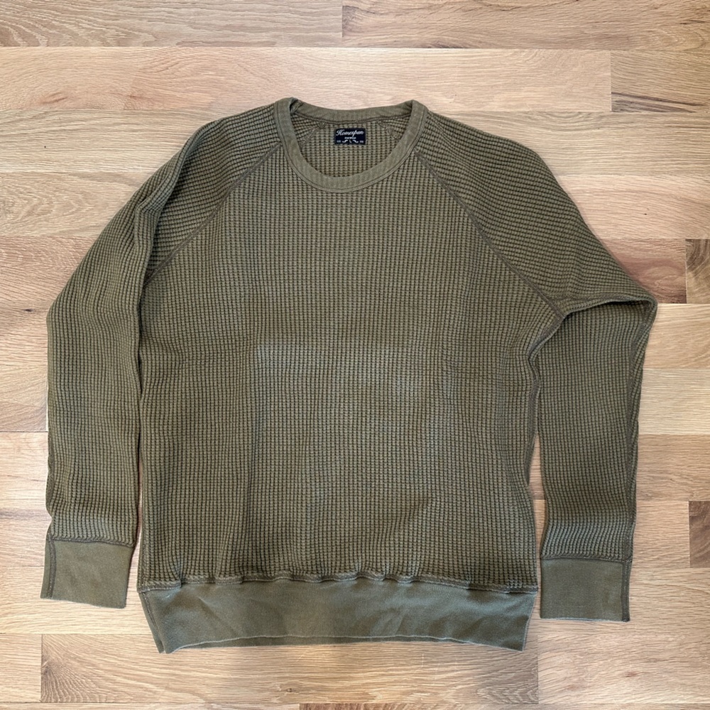 Homespun Knitwear waffle cotton green sweater (size large)